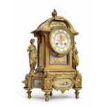 Good gilt-bronze mantel clock, circa 1850, the 4" Sevres style dial painted with a cherub and with