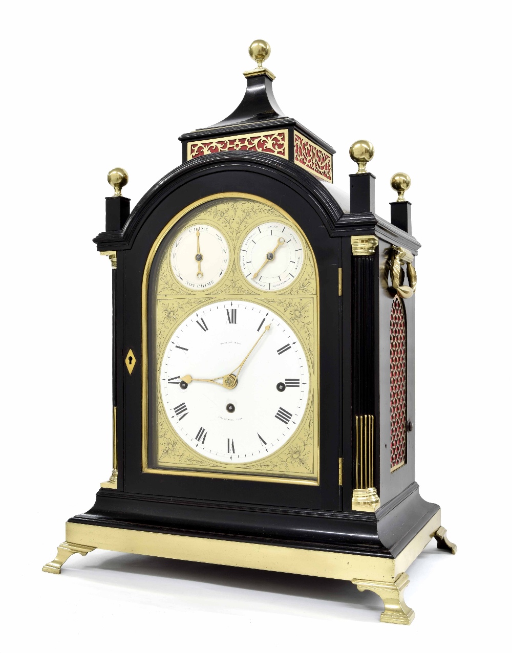 Fine English ebonised triple fusee bracket clock, the 8" rounded brass arched dial signed