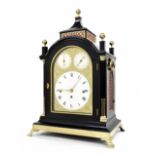 Fine English ebonised triple fusee bracket clock, the 8" rounded brass arched dial signed