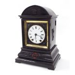 Black Forest ebonised two train mantel clock, the 4.5" white dial within a stepped painted case
