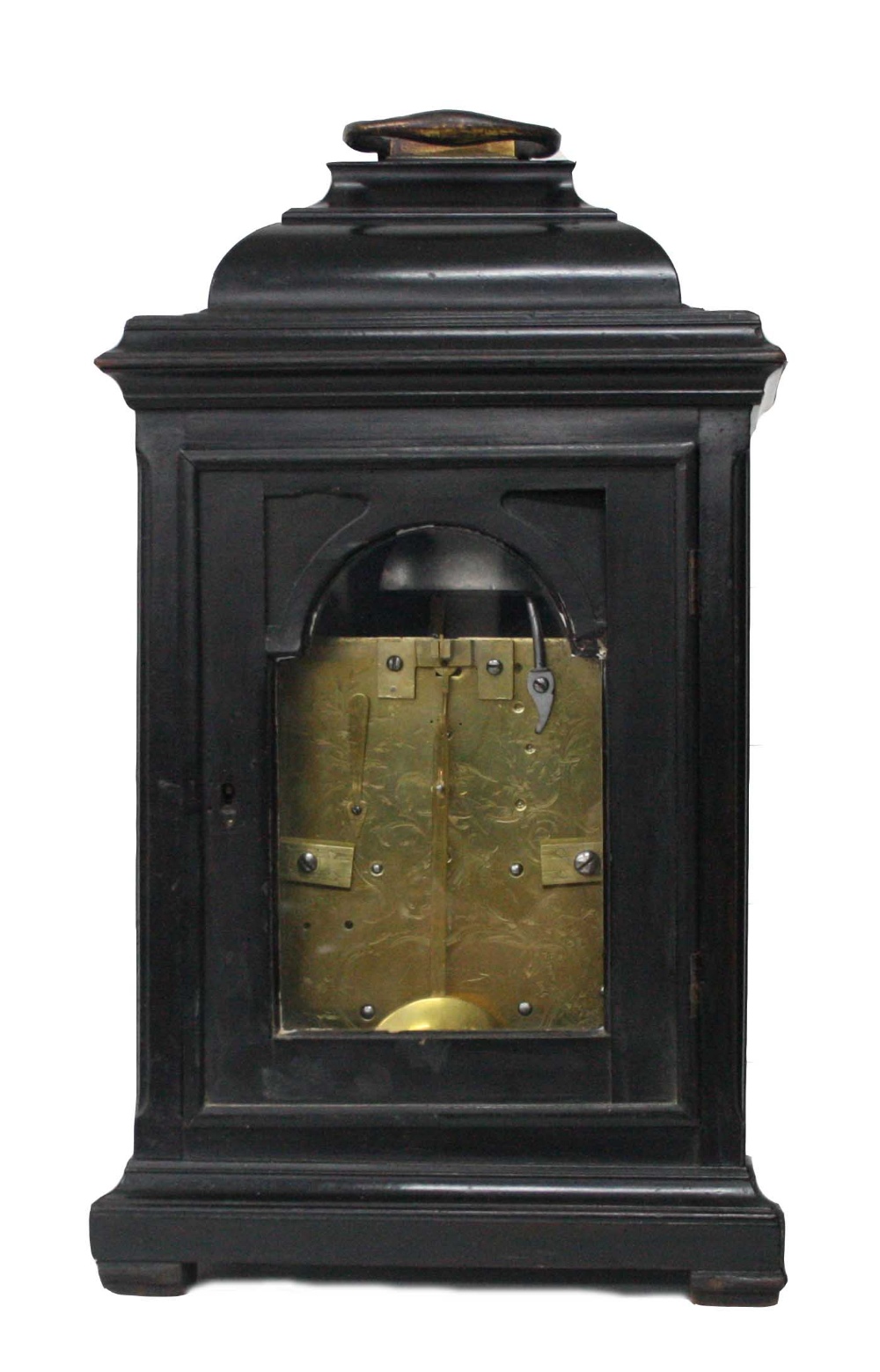 Good English ebonised double fusee bracket clock and bracket, the 7" brass arched dial signed J. - Image 4 of 6