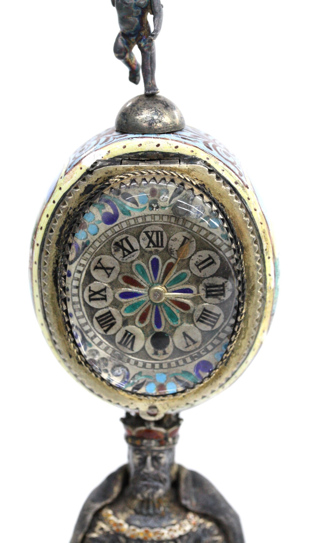 Viennese silver-gilt and enamel monstrance clock, base of bell form on silvered paw feet and - Image 3 of 6