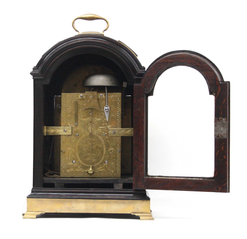 Good English ebonised and ormolu mounted double fusee verge bracket clock, the 7" brass arched - Image 2 of 3