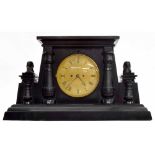 Good English large black marble double fusee mantel clock in the Egyptian taste, the 7.25" gilt dial