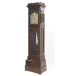 Good oak three train musical longcase clock, the 12" gilded and foliate engraved pointed arched dial