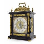 Fine early English ebonised basket top single fusee verge bracket clock with alarm, the 6" square