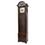 Impressive German three train longcase clock, the 12" square brass dial overlaid to the centre and