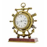 Brass ship's wheel clock timepiece, the movement with platform escapement, the 3" silvered dial