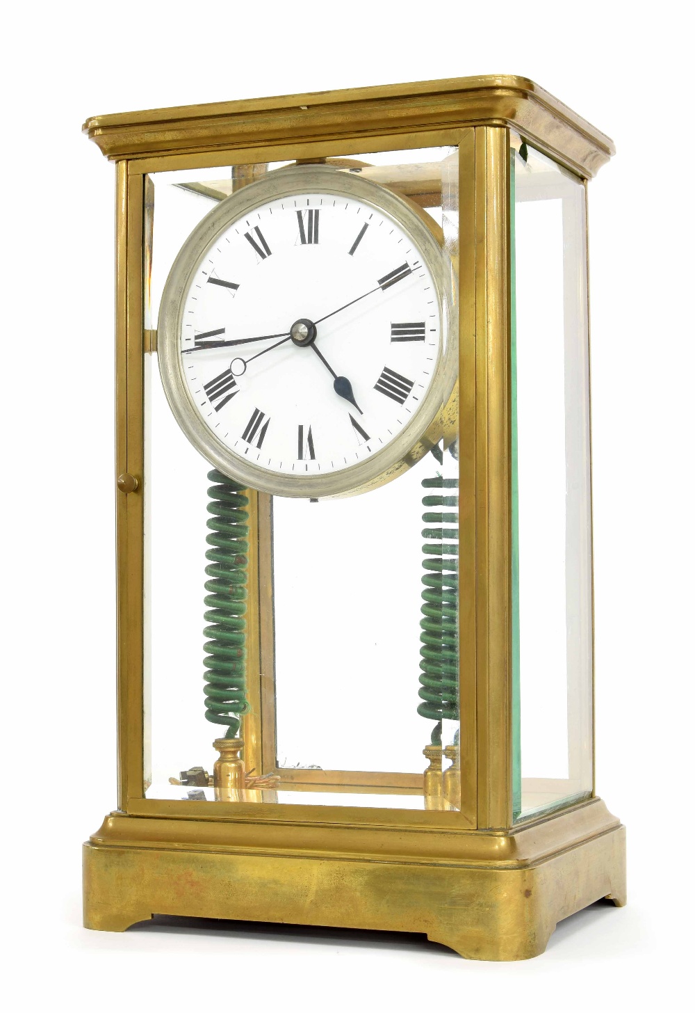 Very rare J Cauderay's patent of 1893 electric mantel clock,; the four-sided glass case supports a