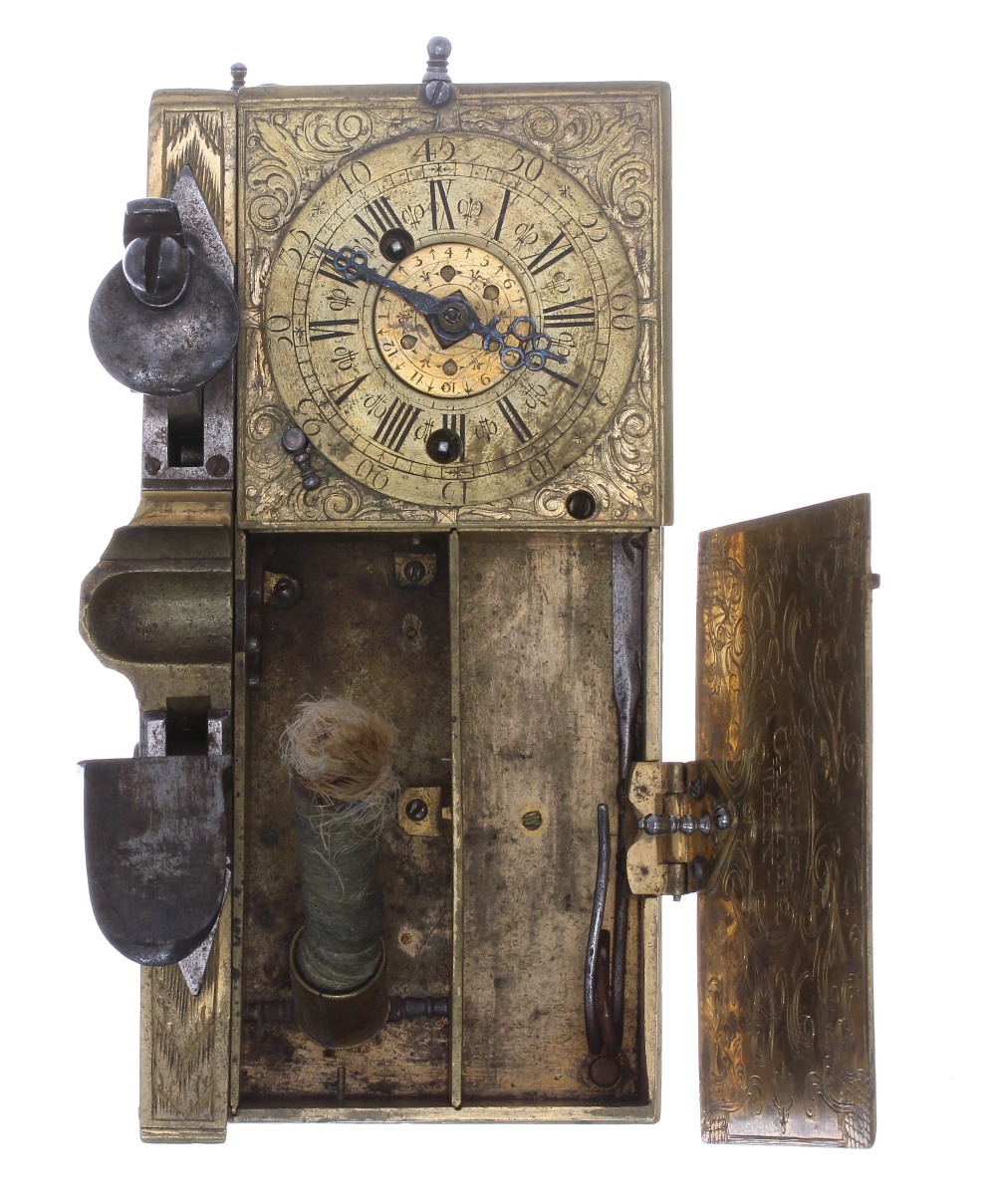 Zeidlmayr, Wienn., no. 42, rare gilt metal candle alarm clock, circa 1740, the gilt square plated - Image 4 of 5