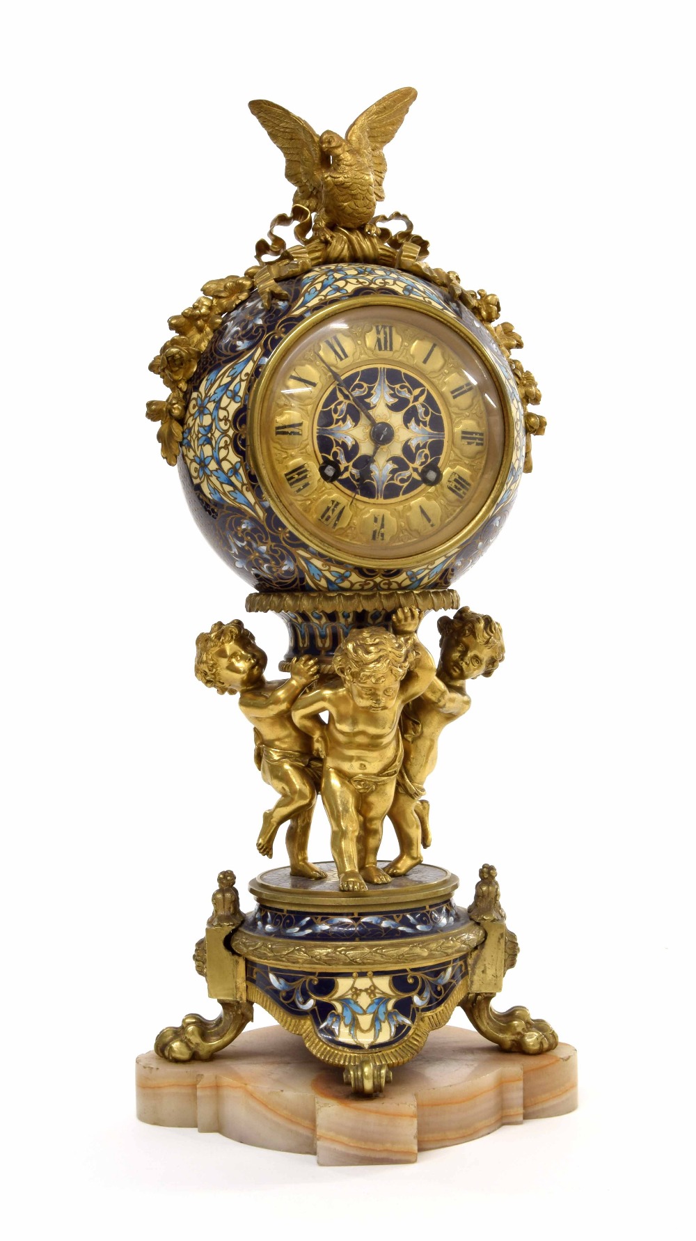 Ormolu and champlevé enamel mantel clock, circa 1890, the gilt dial with enamel centre, the bell
