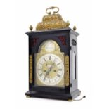 Fine English ebonised and ormolu mounted double fusee verge bracket clock, the 7" brass arched