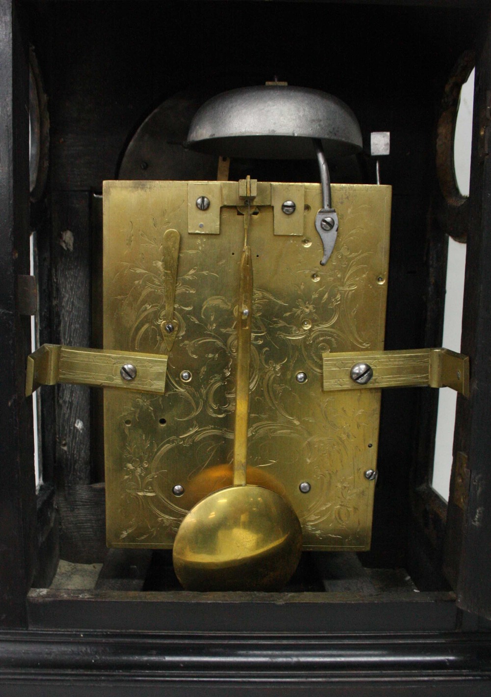 Good English ebonised double fusee bracket clock and bracket, the 7" brass arched dial signed J. - Image 6 of 6