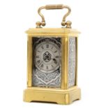 Miniature French carriage clock timepiece, within a gilt brass case with niello panels, 3.75"