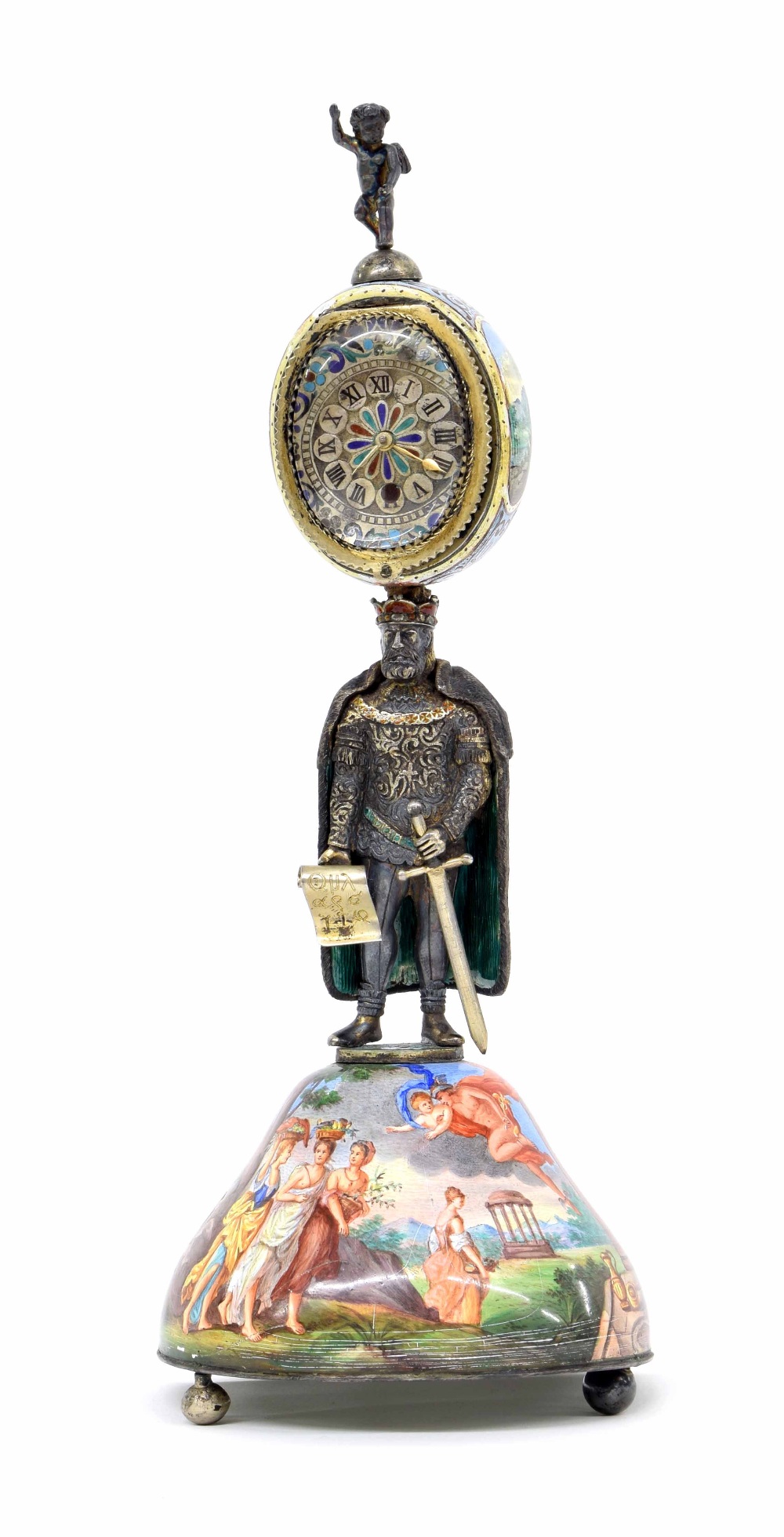Viennese silver-gilt and enamel monstrance clock, base of bell form on silvered paw feet and