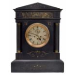 Good large French black marble three train mantel clock, the movement striking on four small gongs