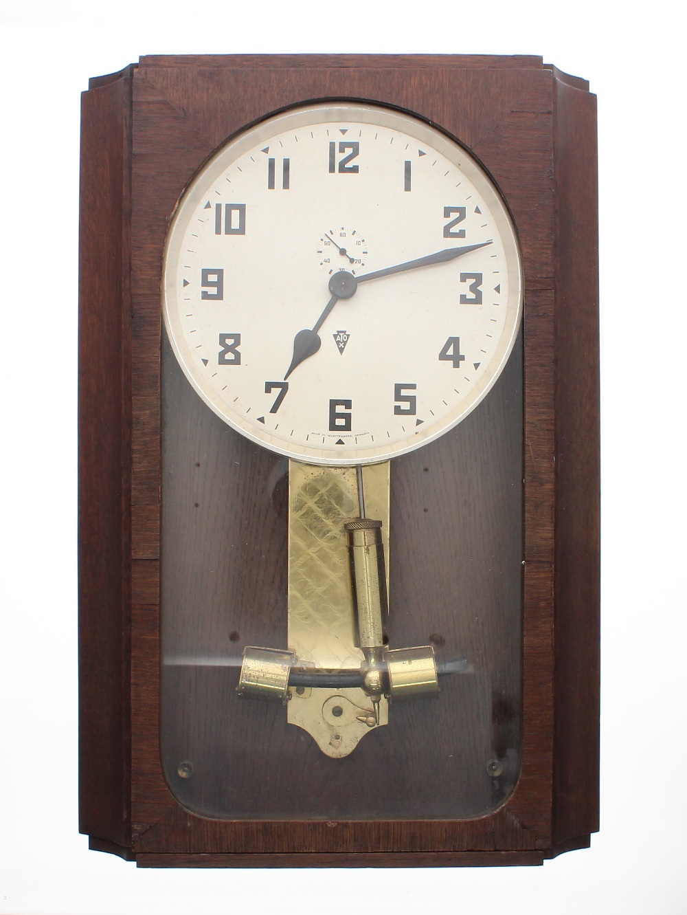 ATO battery electric wall clock in veneered case, full height door glazing and 6" painted dial