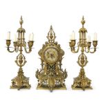 French ornate gilt metal two train mantel clock garniture, the movement striking on a bell, the 4"