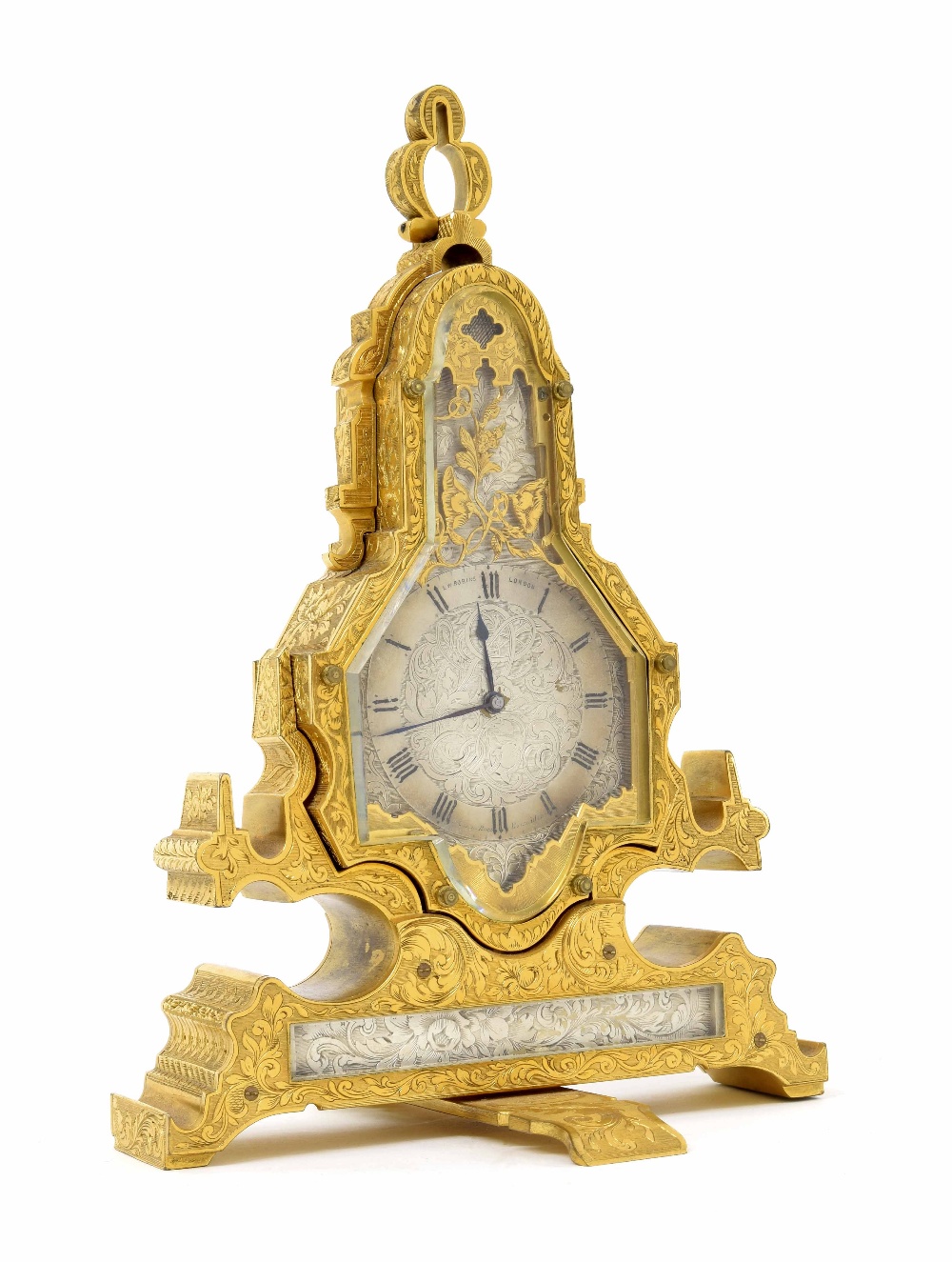 Fine engraved gilt and silvered desk timepiece, Edward Winter Robins, no. 2878, London, circa