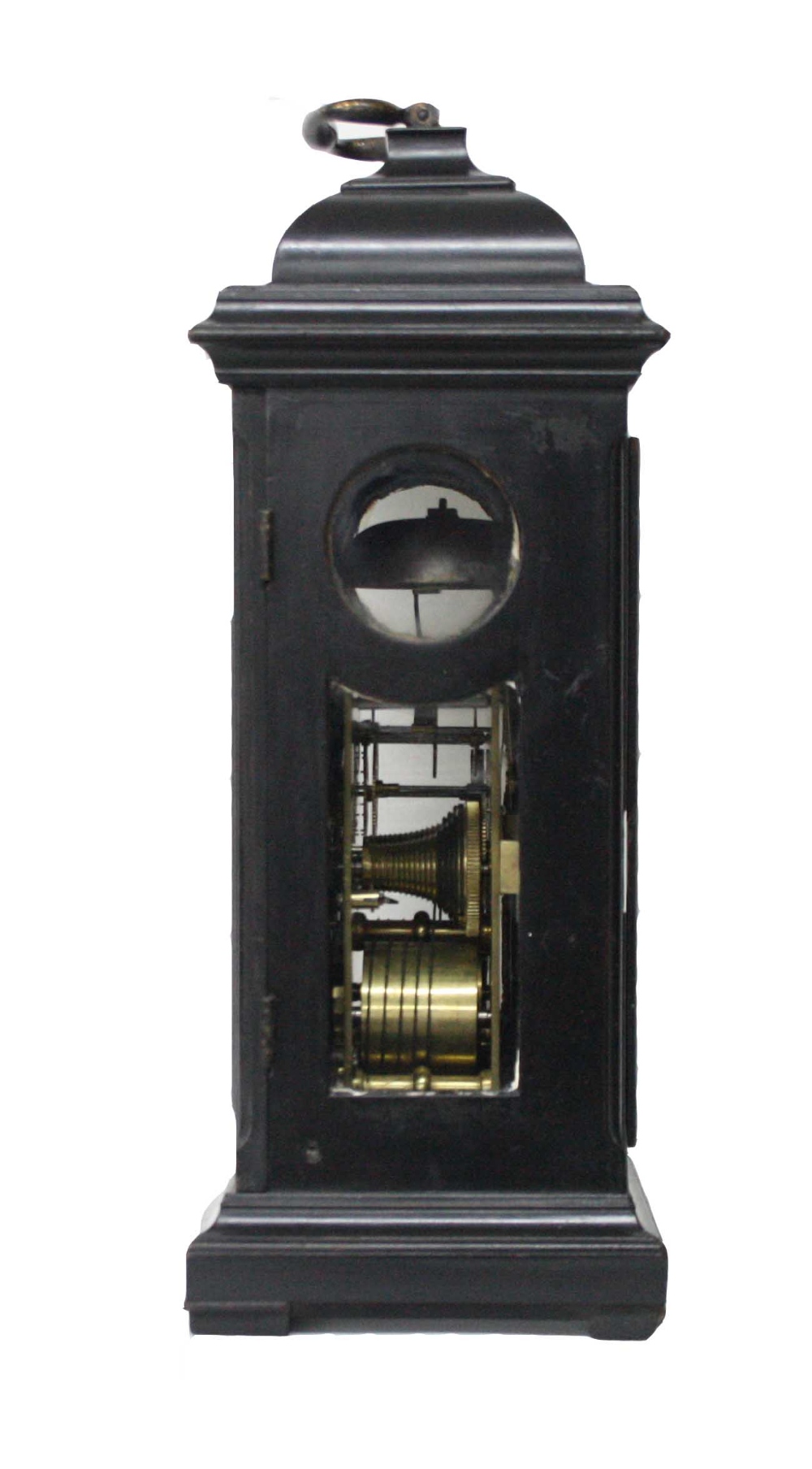 Good English ebonised double fusee bracket clock and bracket, the 7" brass arched dial signed J. - Image 3 of 6