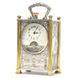 Unusual French eight day carriage timepiece, the 1.5" cream dial plate inlaid with flowers over a