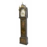 Good green lacquer and painted eight day longcase clock with five pillar movement, the 12" brass