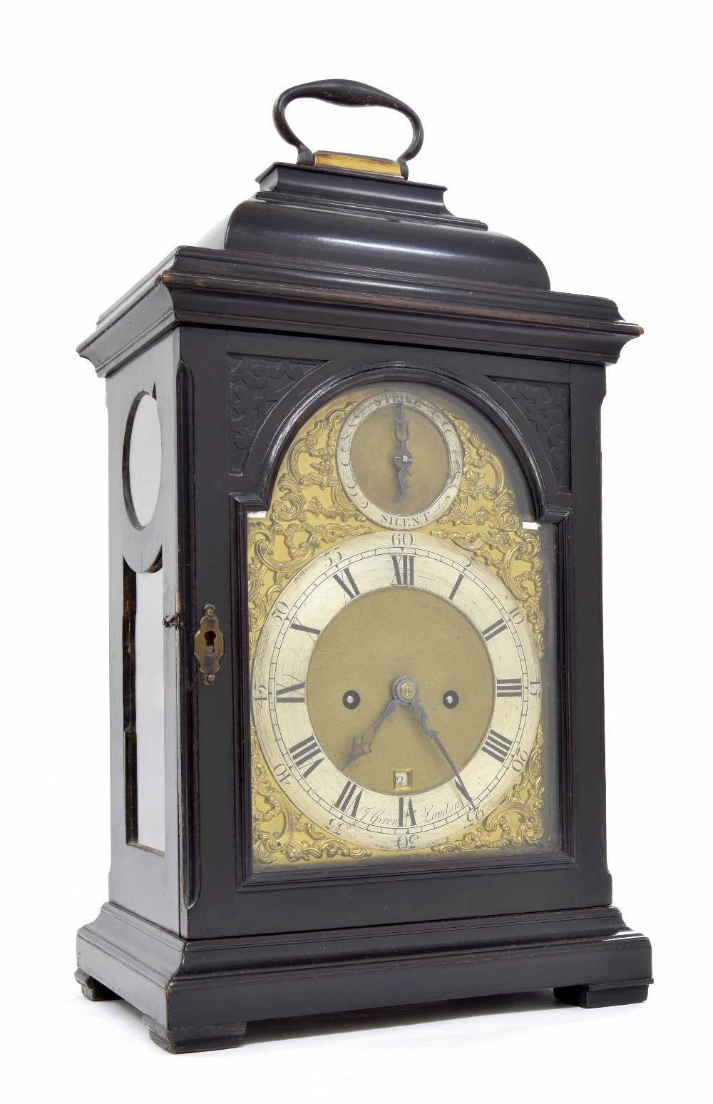 Good English ebonised double fusee bracket clock and bracket, the 7" brass arched dial signed J. - Image 2 of 6
