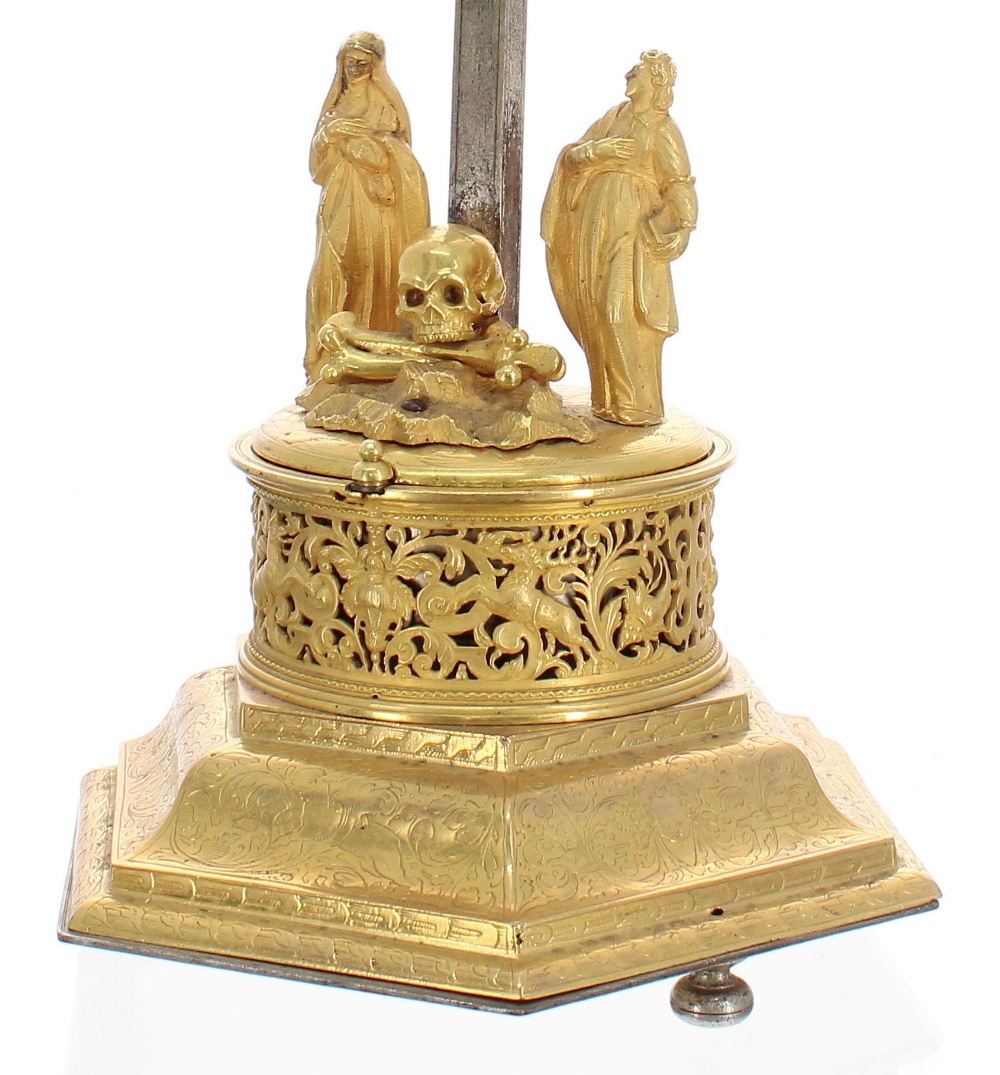 Fine Augsburg gilt metal and steel striking cruciform clock, the stepped ogee foot with inhabited - Image 4 of 7