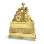 French Empire style ormolu two train figural mantel clock striking on a bell, the 2.75" gilt dial