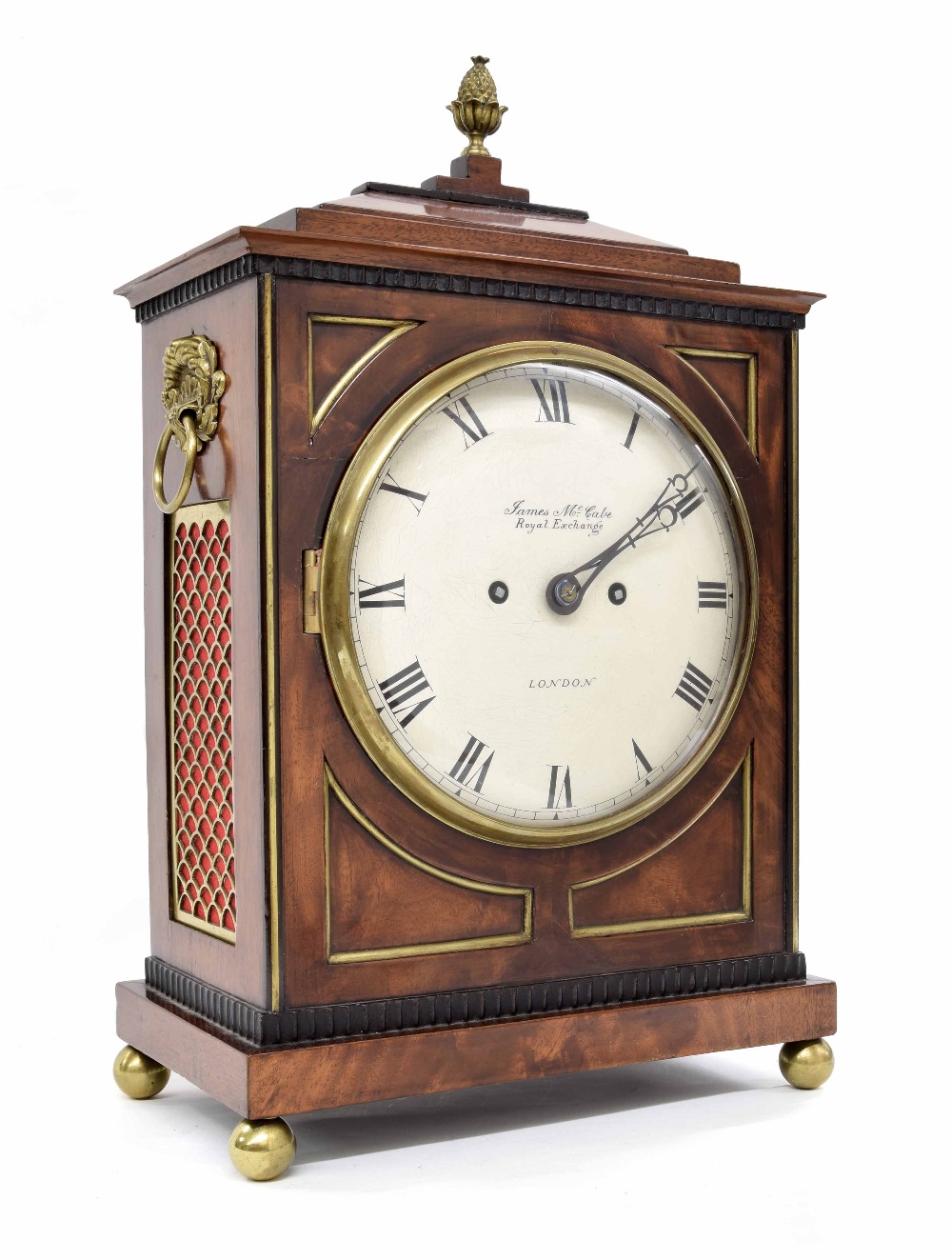 Good English mahogany double fusee bracket clock, the 8" convex white dial and movement back plate