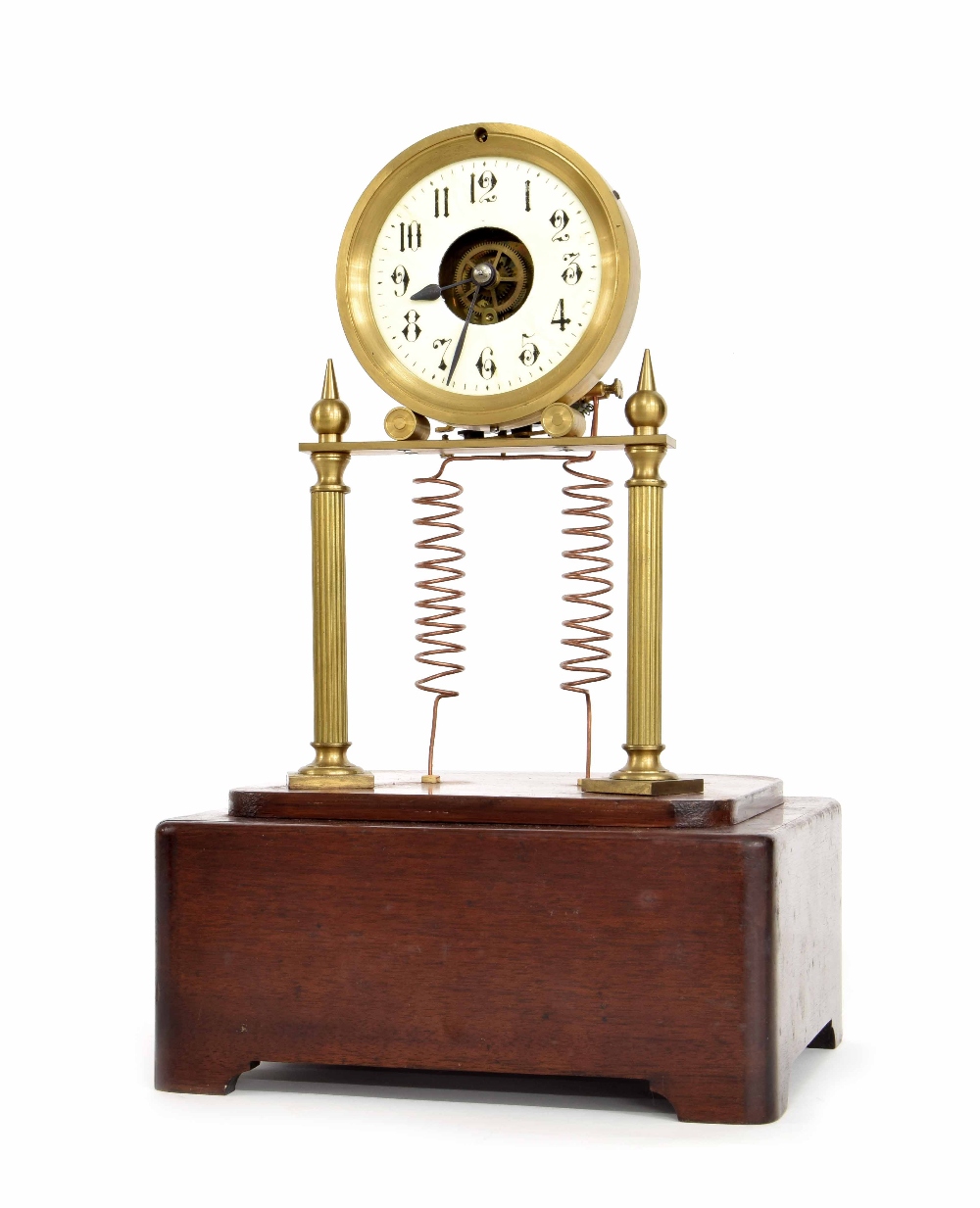Unusual early French electric clock, the skeletonised enamelled 4" dial with Arabic numerals being