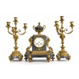 French ormolu and grey marble two train mantel clock garniture, the Japy Freres movement striking on