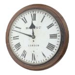 Large single fusee 18" wall dial clock signed Maple & Co. London, within a turned oak surround (