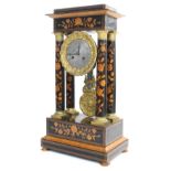 French stained wooden and floral marquetry inlaid two train portico mantel clock, the movement