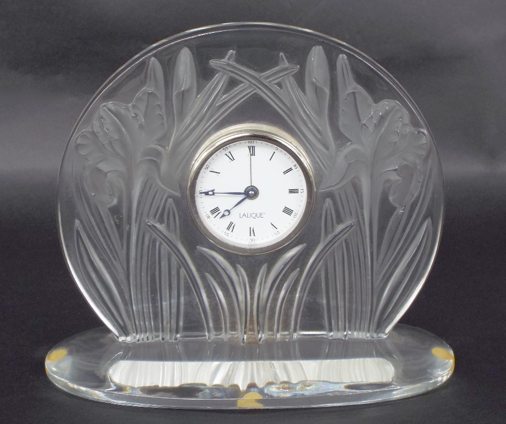 Lalique glass mantel clock, the 2" dial within a surround moulded with Iris' and foliage, upon an