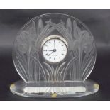 Lalique glass mantel clock, the 2" dial within a surround moulded with Iris' and foliage, upon an