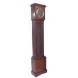 Oak electric longcase clock, the 8.5" black dial with Roman gilt enamel numerals, the case with long