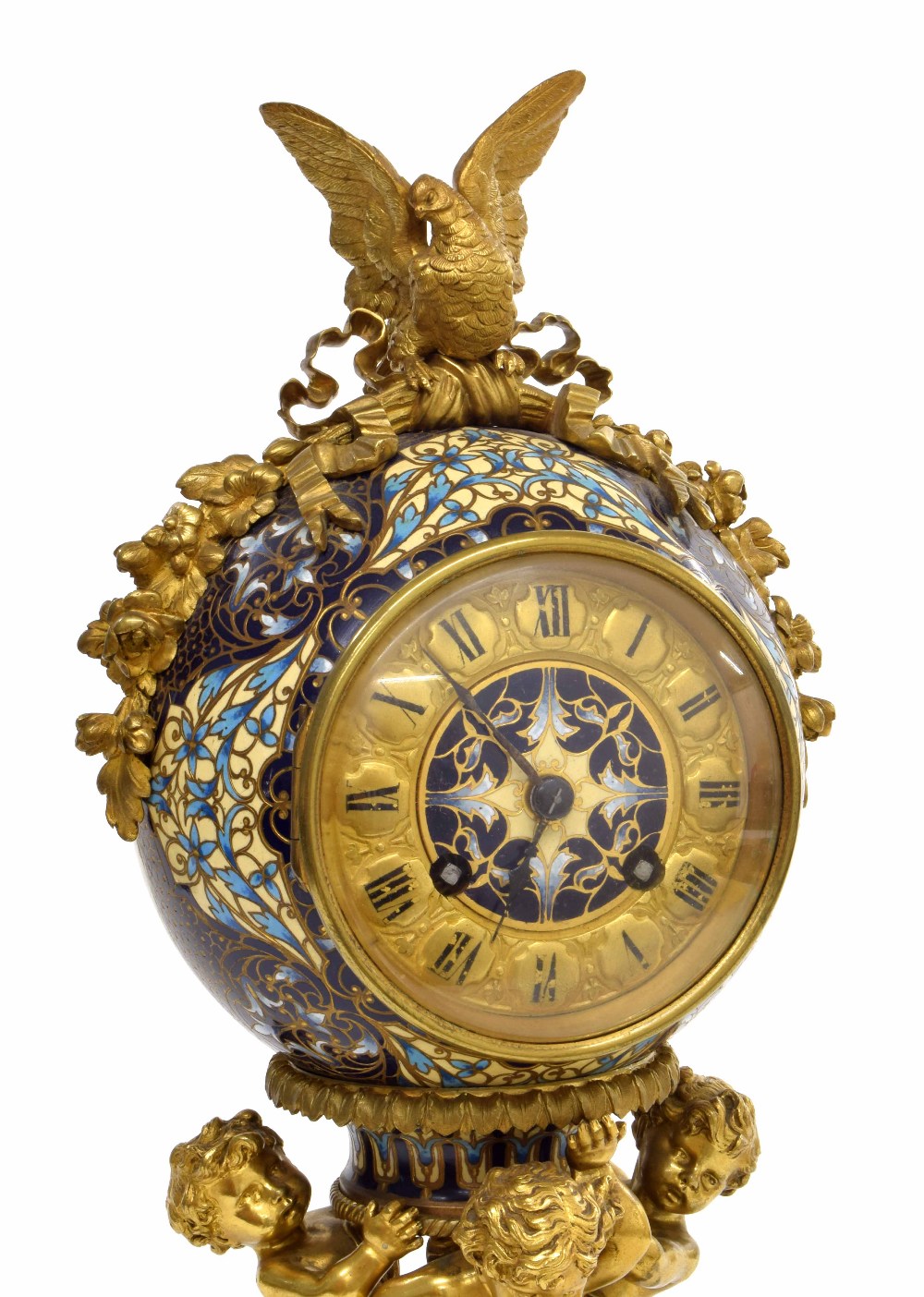 Ormolu and champlevé enamel mantel clock, circa 1890, the gilt dial with enamel centre, the bell - Image 2 of 3