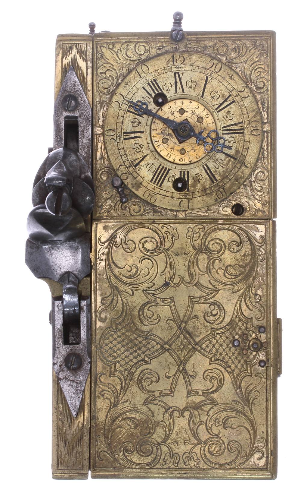 Zeidlmayr, Wienn., no. 42, rare gilt metal candle alarm clock, circa 1740, the gilt square plated - Image 3 of 5