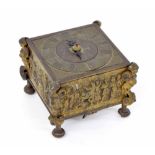 Horizontal table timepiece with alarm, German, circa 1700, 3.25" pewter chapter ring with single