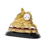 French ormolu two train figural mantel clock, the movement with outside countwheel striking on a