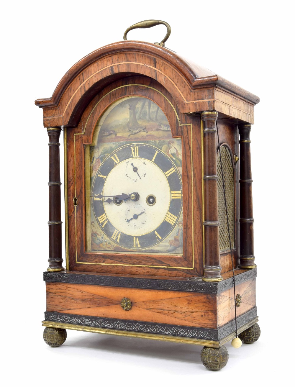 Interesting and rare rosewood double fusee automata bracket clock, the movement back plate signed