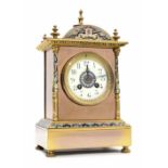 French brass and cloisonne two train mantel clock striking on a gong, the 3.25" cream dial within