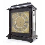 Rare early English ebonised triple fusee table clock, the 11" square brass dial with skeleton
