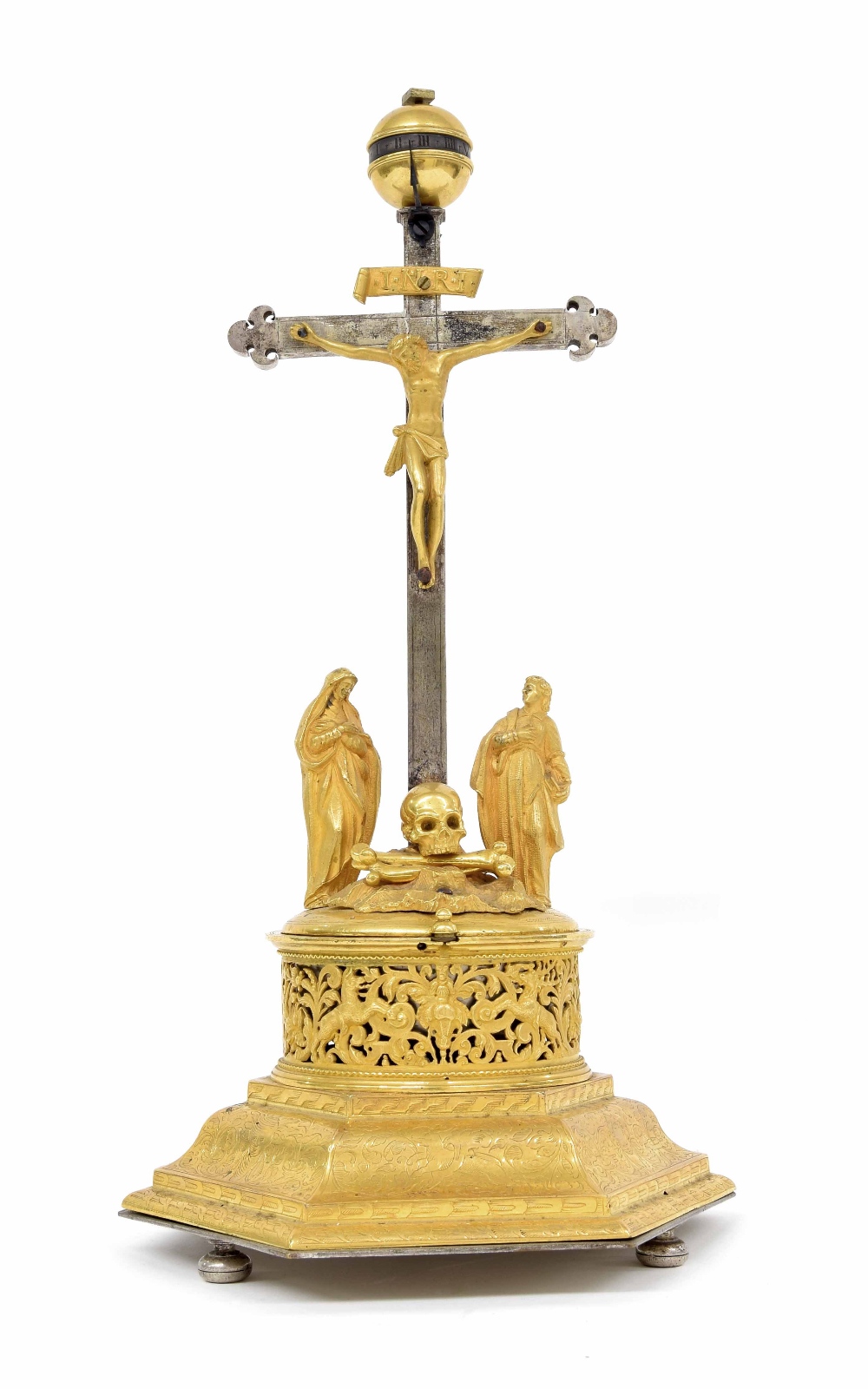 Fine Augsburg gilt metal and steel striking cruciform clock, the stepped ogee foot with inhabited