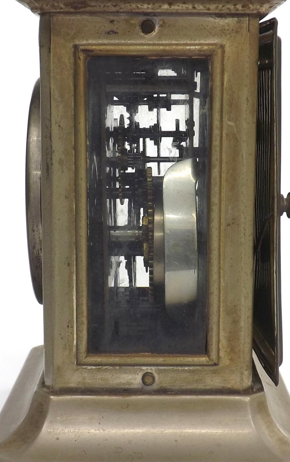 Musical carriage type clock, fitted with a cylinder and comb to the base, the 2.75" white dial - Image 3 of 3