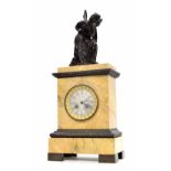 French Empire style Sienna marble and bronze two train mantel clock, the movement with outside