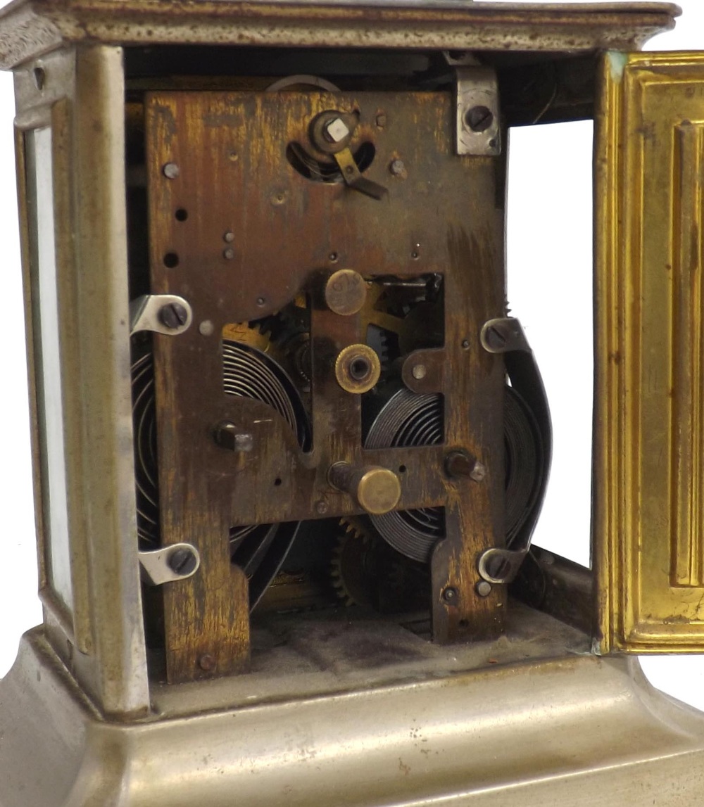 Musical carriage type clock, fitted with a cylinder and comb to the base, the 2.75" white dial - Image 2 of 3