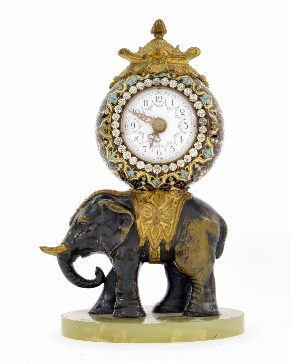 French small novelty bronze and champlevé elephant mantel timepiece with platform escapement, the