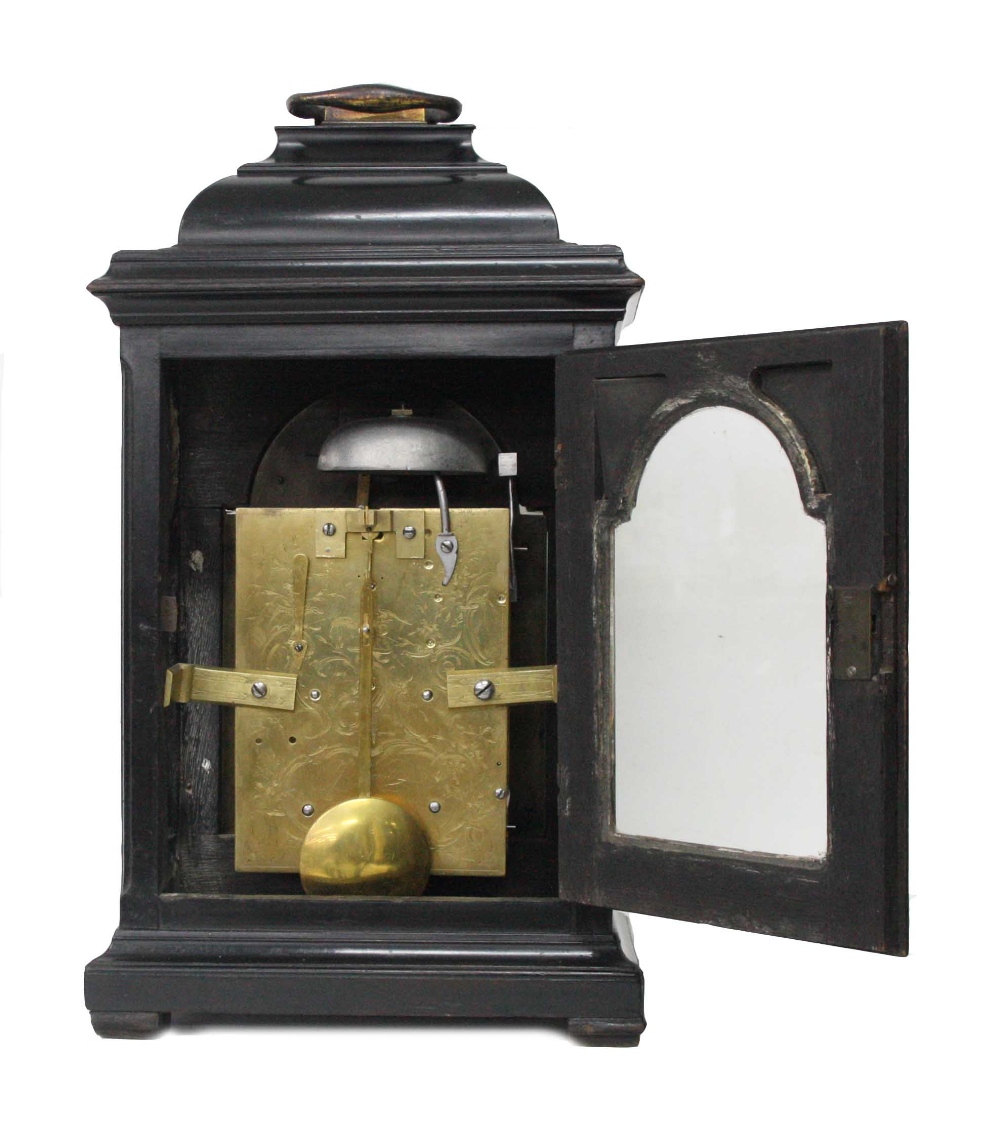 Good English ebonised double fusee bracket clock and bracket, the 7" brass arched dial signed J. - Image 5 of 6